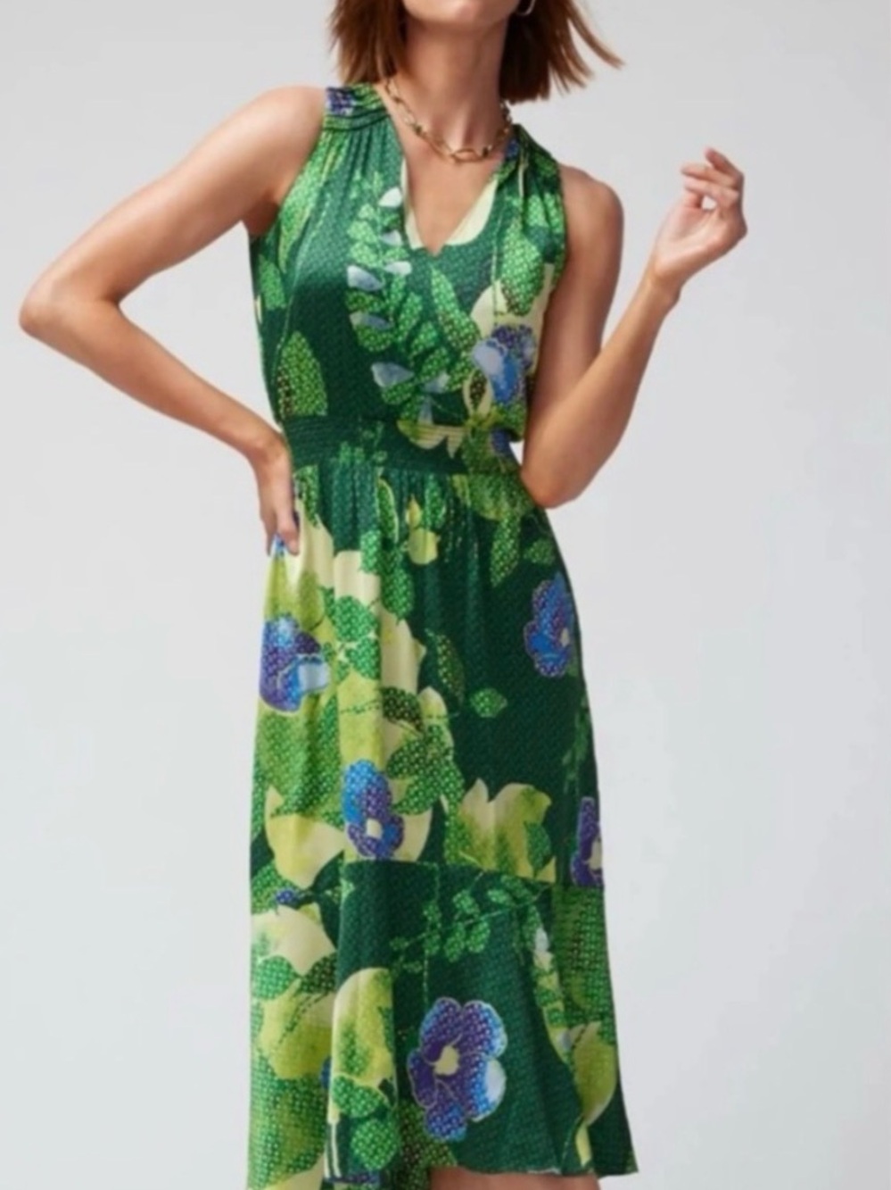 White House Black Market Green Blue Floral Sleeveless Midi Dress Size 8